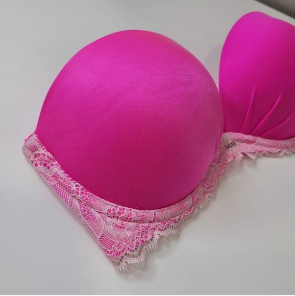 Victoria's Secret Push-Up Strapless Hot Pink Jewel Lace Underwire Ivory 32D Bra - Picture 6 of 12